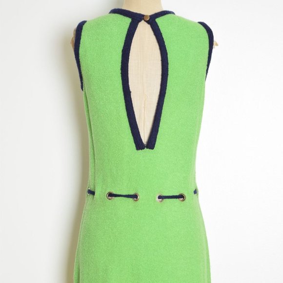 vintage 60s dress green navy mod boucle knit cutout twiggy sleeveless midi M - Picture 7 of 9